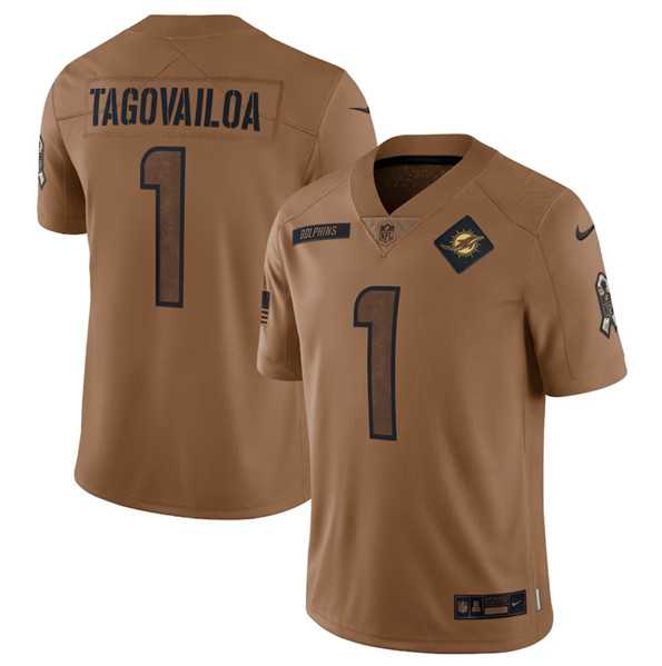 Mens Miami Dolphins #1 Tua Tagovailoa 2023 Brown Salute To Service Limited Football Stitched Jersey Dyin